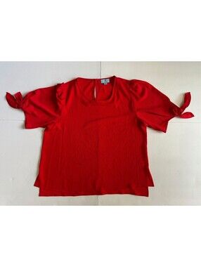 CeCe  XL Red Blouse Tie Sleeve Puff Shoulder Keyhole Back Top Tunic Side Slits